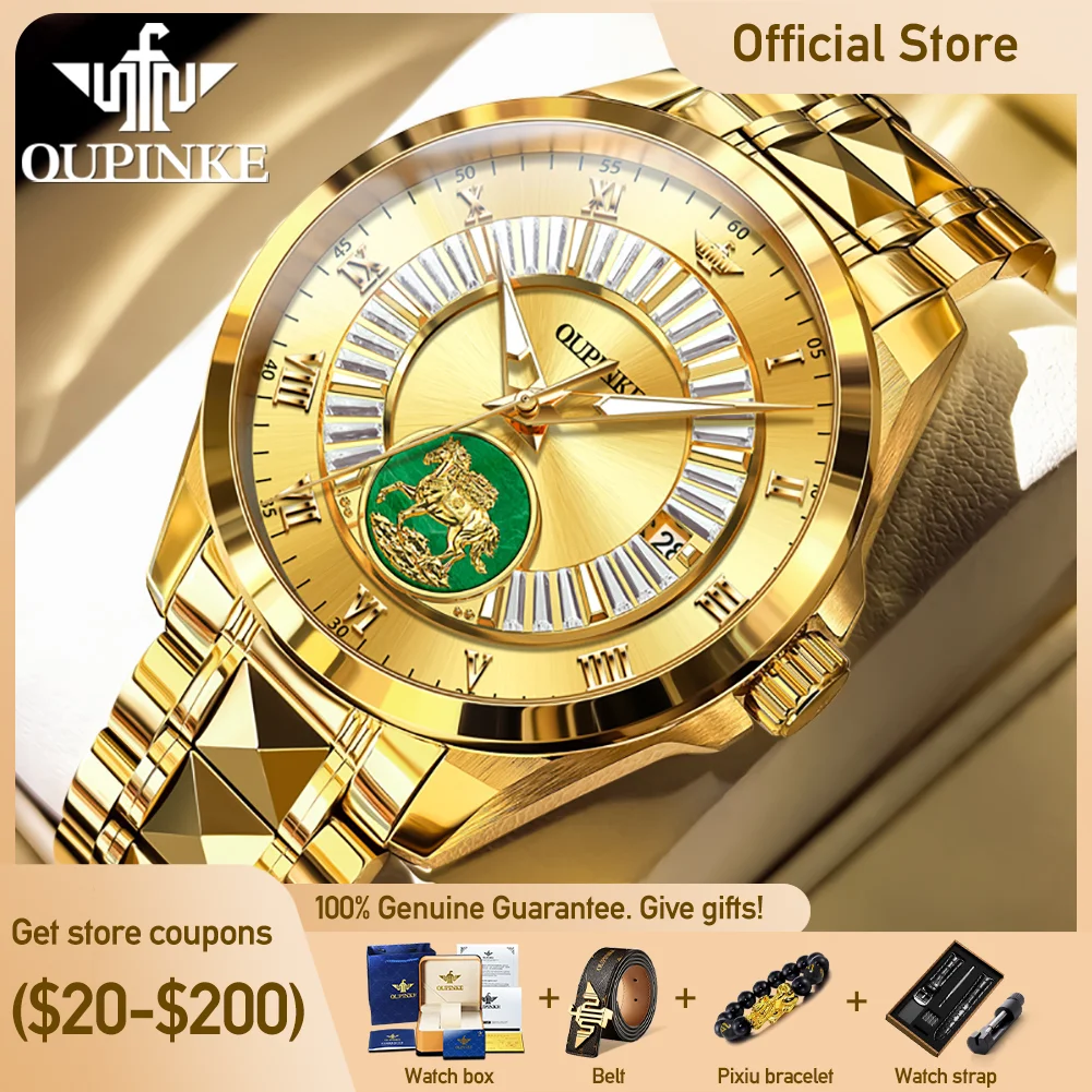 OUPINKE 3320 Business Men Watch Gold Imported Mechanical Movement Big Dial Night Vision Function 50M Waterproof Men Watch