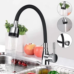 Grifo Flexible giratorio para lavabo de cocina, mezclador de agua fría y caliente de un solo Mango, pulido, cromado, negro, 360