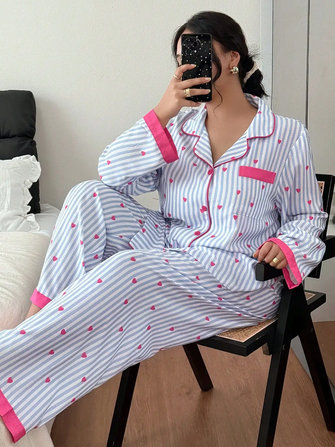 

Blue-White Striped Heart Print Button-Up Pajama Set for Women