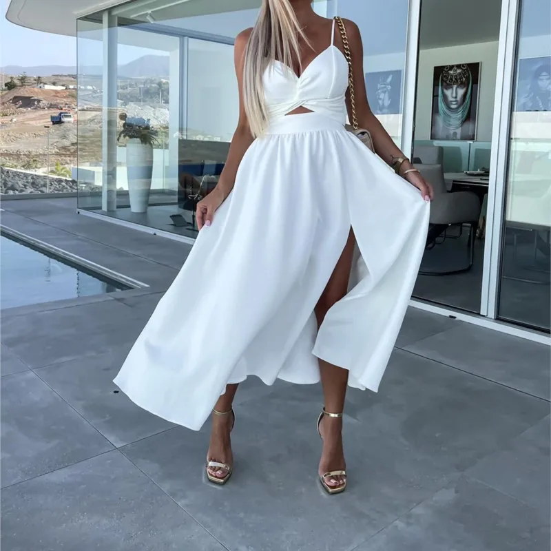 

New Women's Fashion Suspender V-neck Big Hem Split Dress Slim Backless Midi Dress Summer Elegant Solid Dresses Robe Femme