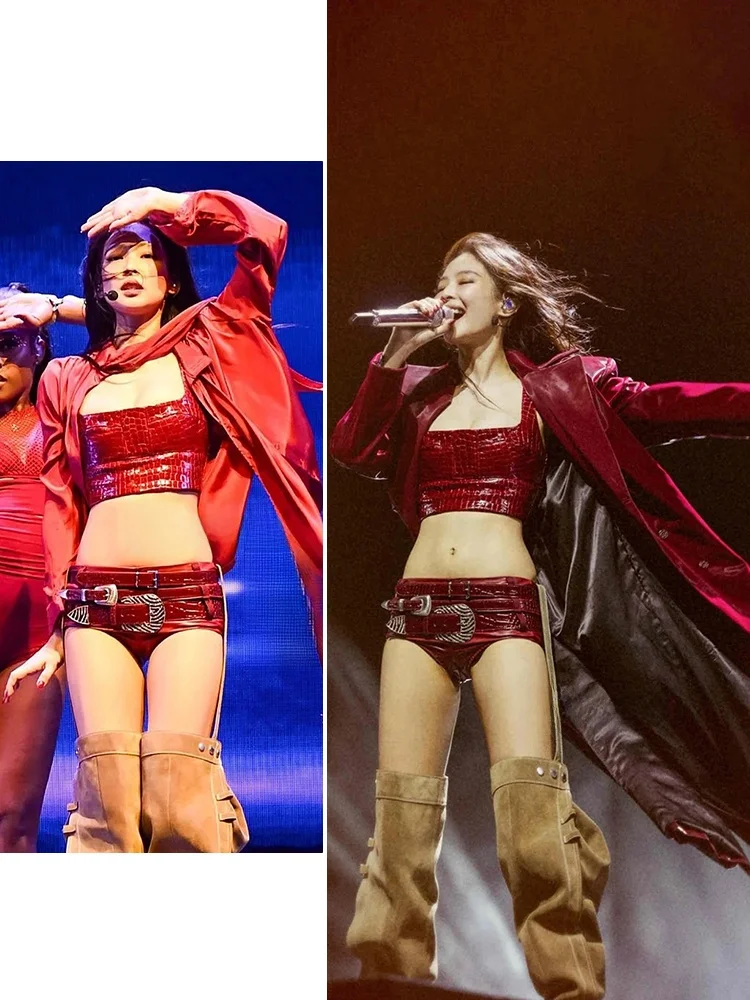  Jennie Inspired Jazz Hells Dance Performance Costume Korean Sle Stage Performance Suit Summer New Arrival PU Mate...