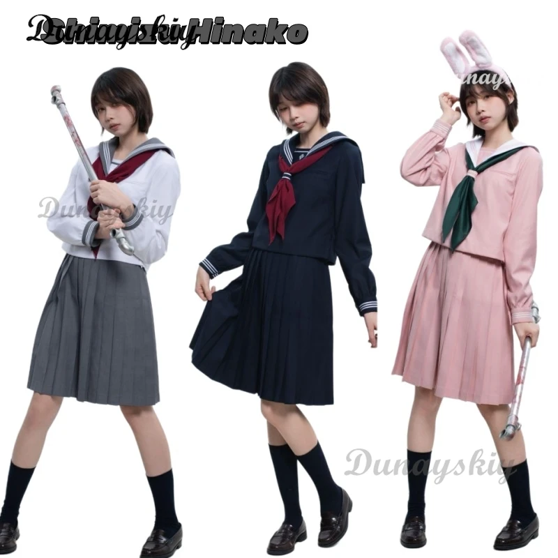 أزياء هيناكو شيميزيو الصامتة التأثيرية للنساء زي مدرسي علوي تنورة ربطة عنق جورب شعر مستعار لعبة هيل الهالوين لعب الأدوار