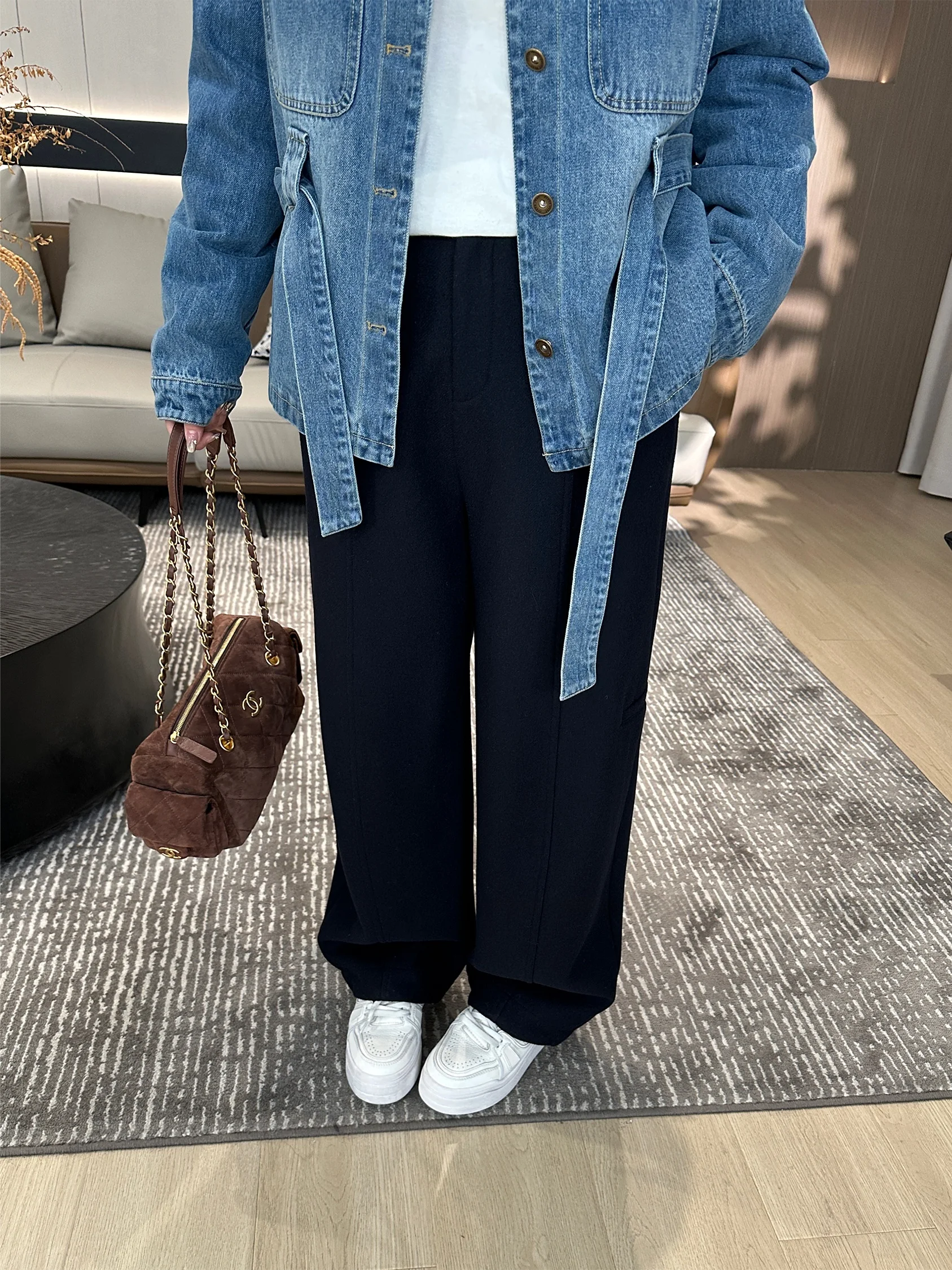 

Chic Casual Wool Blend Banana Pants Straight Leg Elastic Waist Winter Warm Ladies Faion Straight Tube Trousers MK3997