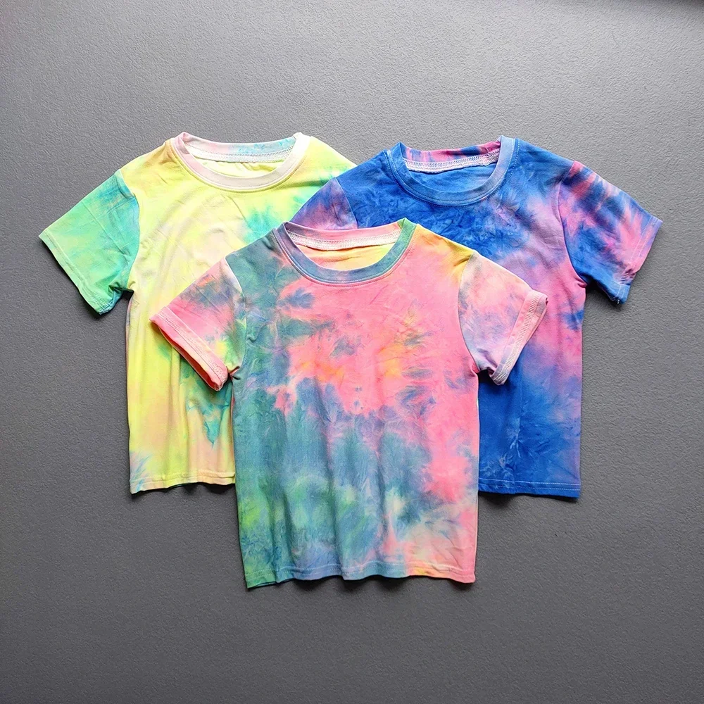 Kids Summer T-shirt  Dye Print Tops Tees Fashion Korean Colorful Short Sleeve Tshirt Sport Girls Casual Top Shirts Children Tee