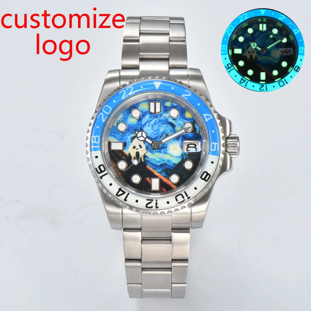 40mm NH35 automatic wristwatches for with 3D color patterned dial Japanese genuine NH35 automatic movement can customize logo