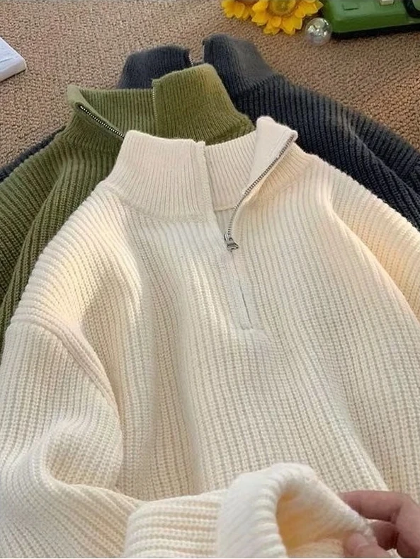 

Street Sle Zipper High Ne Свитер ex Свободный ленивый парный вязаный топ Молодежный витали Зимний длинный свек Повседневный