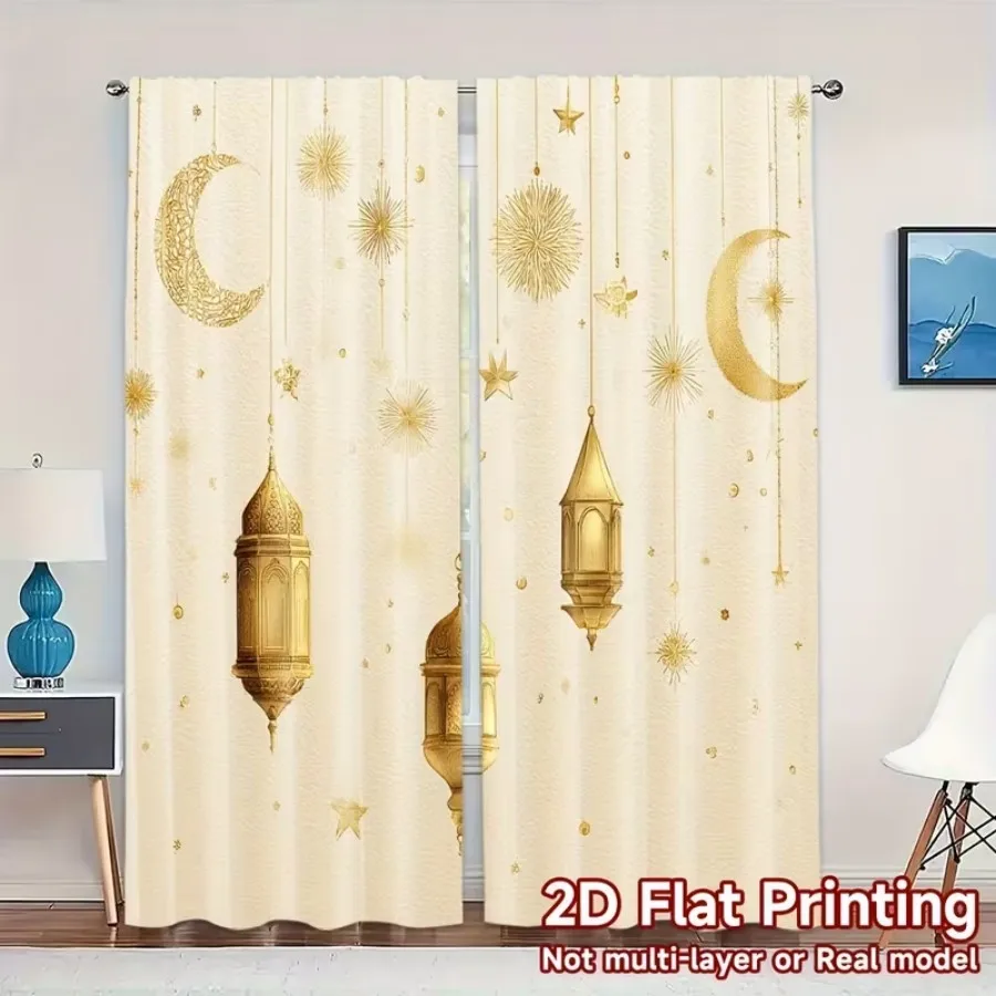 2 PCS Golden Lantern Curtains, Festive Celebration Style Window Drapes for Living Room Bedroom Home Decor Polyester Rod Pocket
