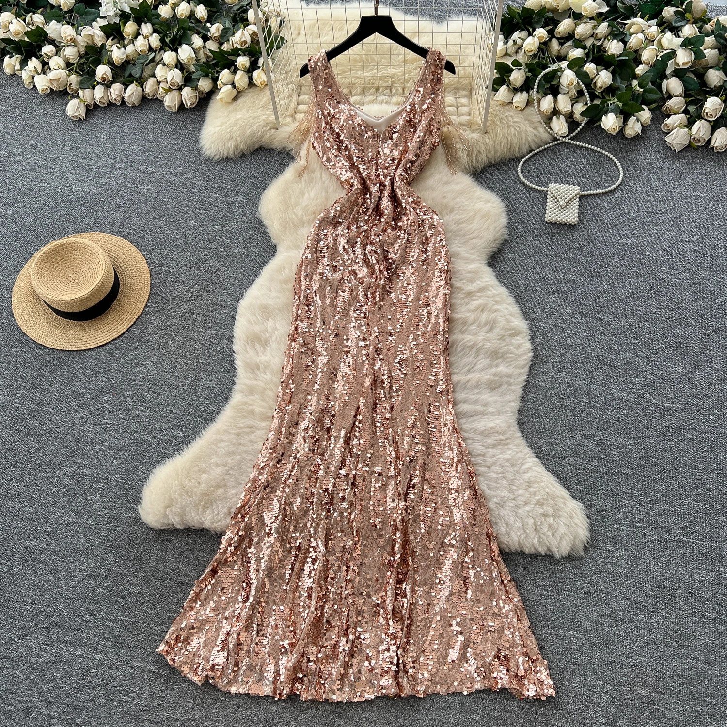 Chic vintage Sexy paillettes glitter slim Elegante fata moda coreana Boho Sundress abbigliamento donna abito a sirena