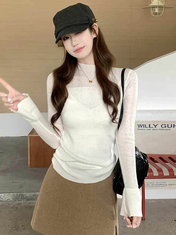 

Белый вязаный свитер с кружевными вставками и высоким воротником, женский, зимний, новый, элегантный, базовый, нежный, для ношения под одеждой