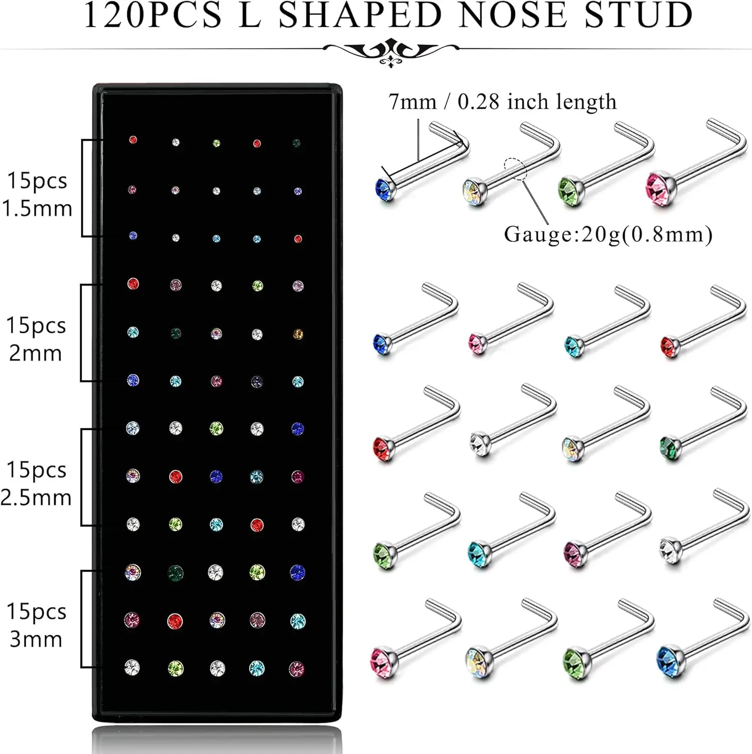 FINREZIO 60Pcs 316L Stainless Steel Nose Studs for Women Men CZ Nose Piercing Jewelry L Shaped Nose Rings Bone Screw Piercing