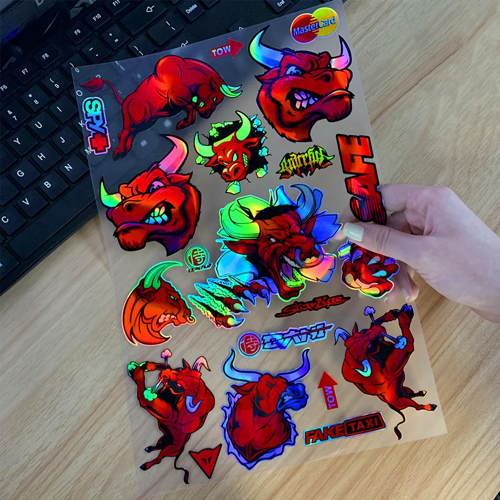 

Angry Bull Reflective/Laser Rainbow Motorcycle Stickers Moto Body Helmet Vinyl Decal Accessories For Yamaha Kawasaki Voge ZONTES