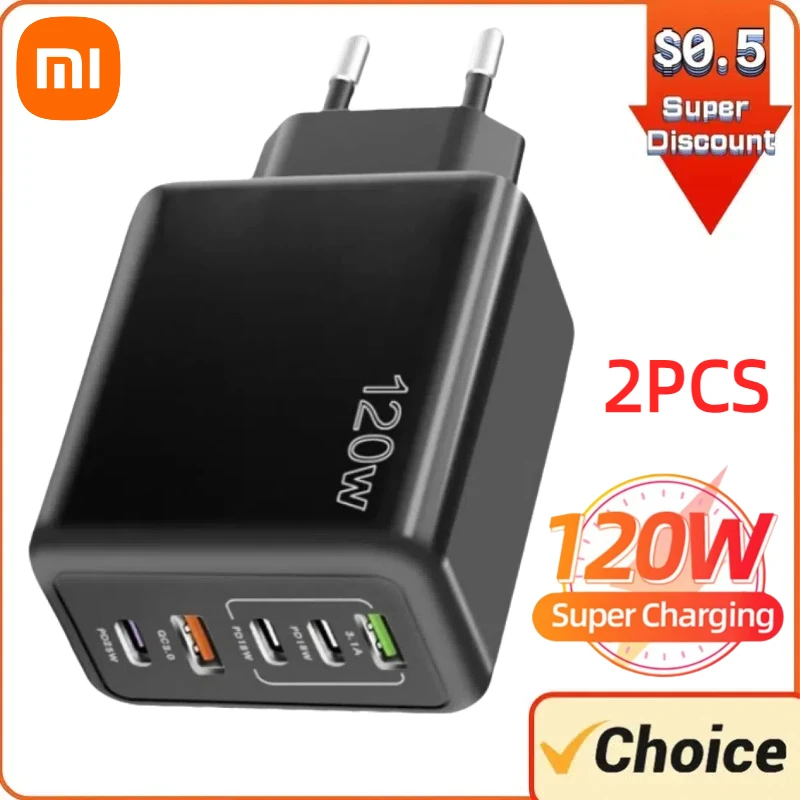 Xiaomi 120W GaN Charger USB PD Type C Fast Charging 5 Ports Phone Adapter QC3.0 For IPhone 15 Pro Max Samsung Galaxy S23 Huawei