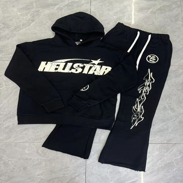 

HEII толстовка с капюшоном с буквенным принтом и боковым лицом, повседневный комплект расклешенных брюк Godd, осенние молодежные длинные удобные брюки све