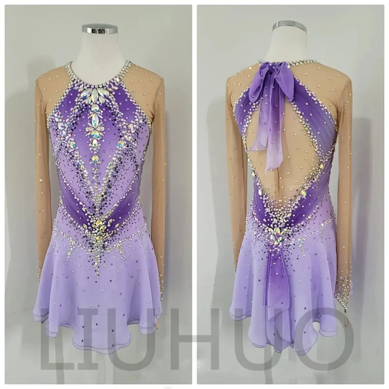 LIUHUO Ice Figure Skating Dress Girls Women Teens Stretchy Spandex Purple Gradient Competition Wholesale