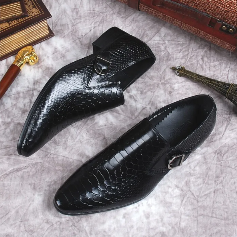 HKDQ Black Burgundy Mens Loafers Shoes Genuine Leather Slip On Pointed Toe Formal Party Wedding Office Dress Shoes Men Oxford