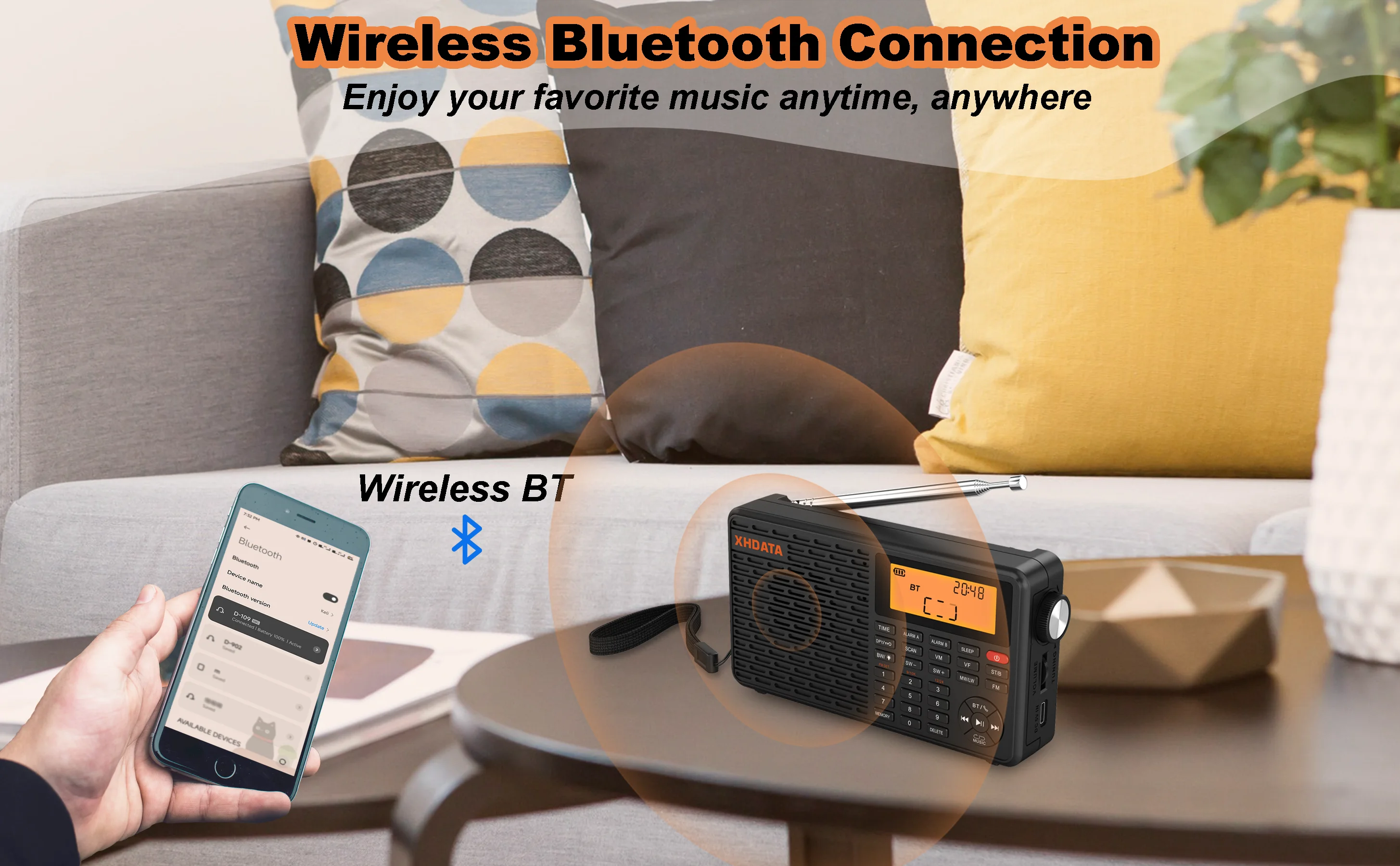 XHDATA D-109 Stereo Digitales Tragbares Radio AM SW MW FM Radio Bluetooth-kompatibles Multifunktionsradio Unterstützung TF-Kartenspieler – Detail 7