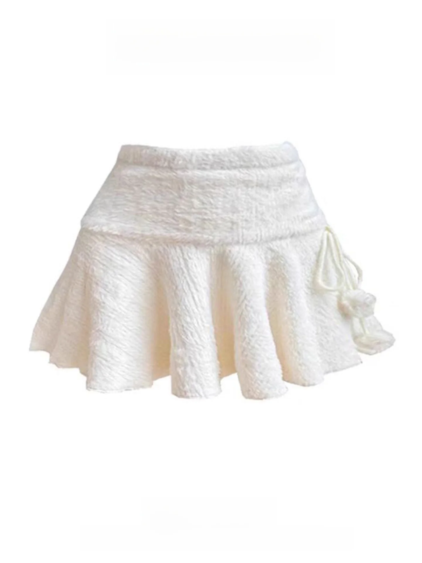 Sweet White Knitted Ruffle Hem  Skirt for Women Autumn Winter Chic Pure Desire Small Size Fluffy A-Line Skirt