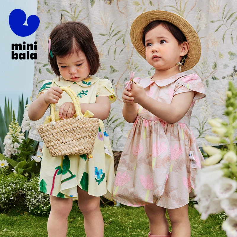 

Mini Bala Girls Cotton Dress Baby Skin-Friendly Bloomer Sleeve Watercolor Dress Summer Style Baby girl clothes