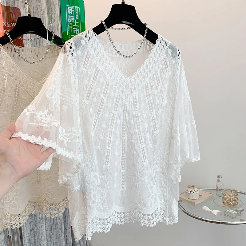 

Summer n Hollow out ort Sve Cotton irt Women's Loose V-Ne Sun Protection White irt Ciwalk A-Line Dr