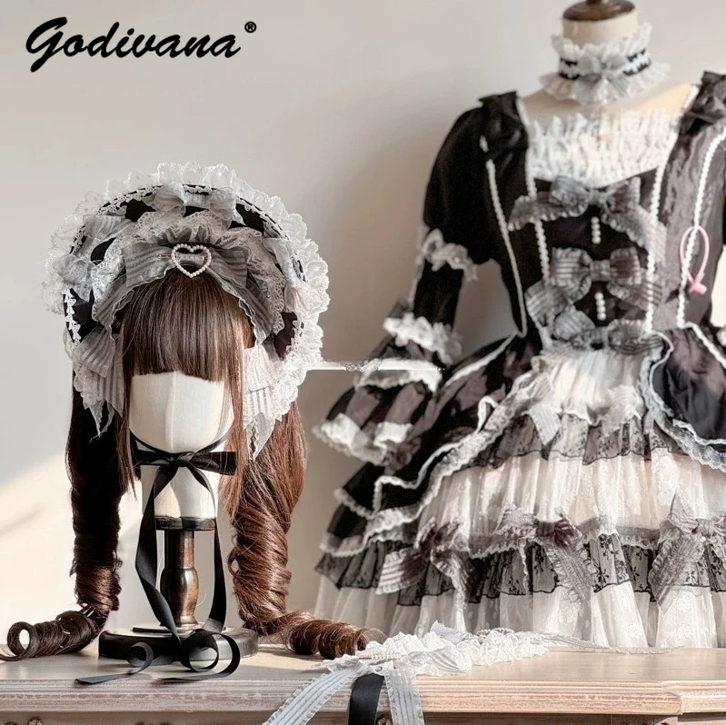 Velvet Cake Lolita handgemaakte roze hoofdband BNT Kc cosplay accessoires hoofddeksels meisje dames schattig kant satijnen strik zwarte haarband