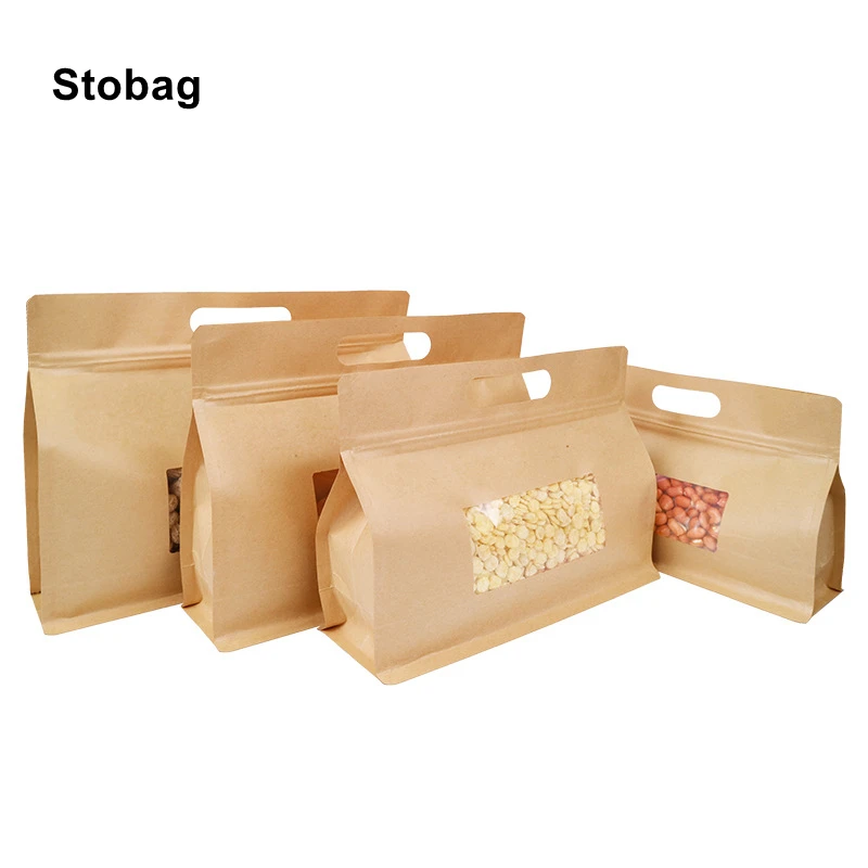 StoBag 50pcs Kraft Paper Octagon Food Packaging Ziplock Bags with Handle Window Sealed Candy for Tea Nuts Dried Fruit Storage