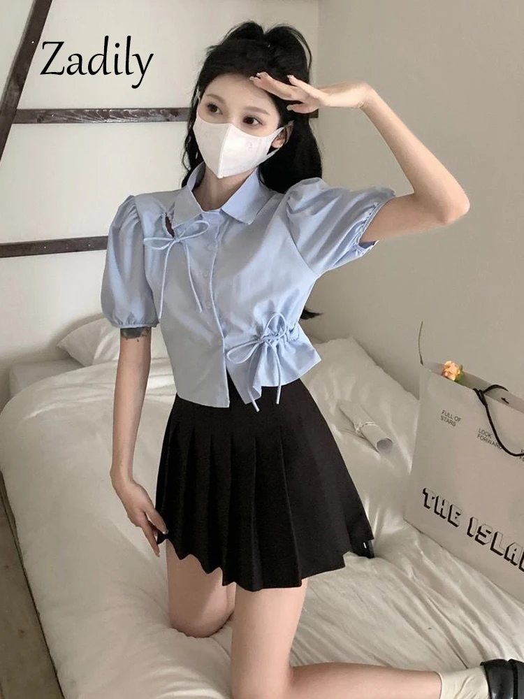 2024 Summer Short Sleeve Hollow Out Women Shirt Blouse Korea Style Button Up Bow Ladies Crop Tops Casual Female Clothing