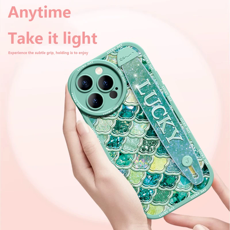 Deluxe Wrist Band Bracket For Iphone 15 14 13 12 11 Pro Max X XR Xs Soft Silicone Cell Phone Case Anti-fall Shiny Shells
