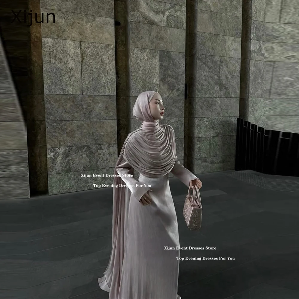 

Xijun Modest Pink Silk Satin Evening Dresses High Collar Long Muslim Prom Dresses Full Sleeves Luxury Dubai Prom Gown Customized