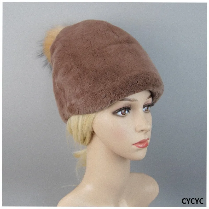 Winter Women Warm Soft Genuine Rex Rabbit Fur Cap + Silver Fox Fur Ball Knitted Real Fur Caps Lady Natural Rex Rabbit Fur Hat