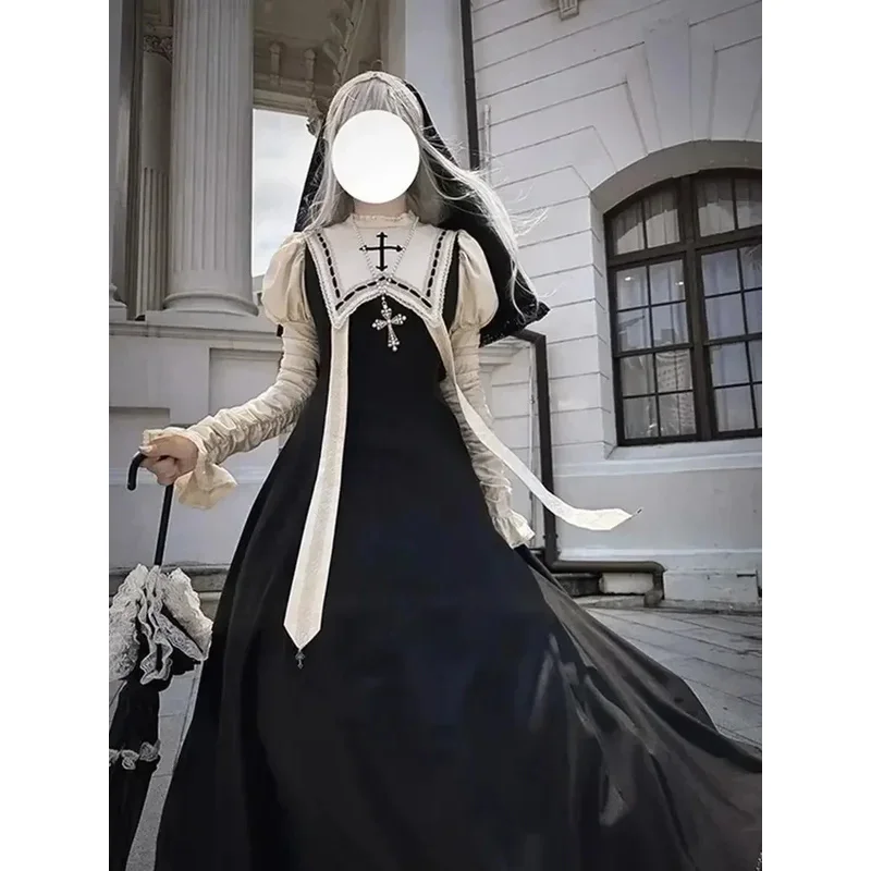 

Black Long Evening Dress for Women Dark Gothic Nun Lolita Dress Bubble Sleeve Gorgeous and Elegant Halloween Cosplay Costume