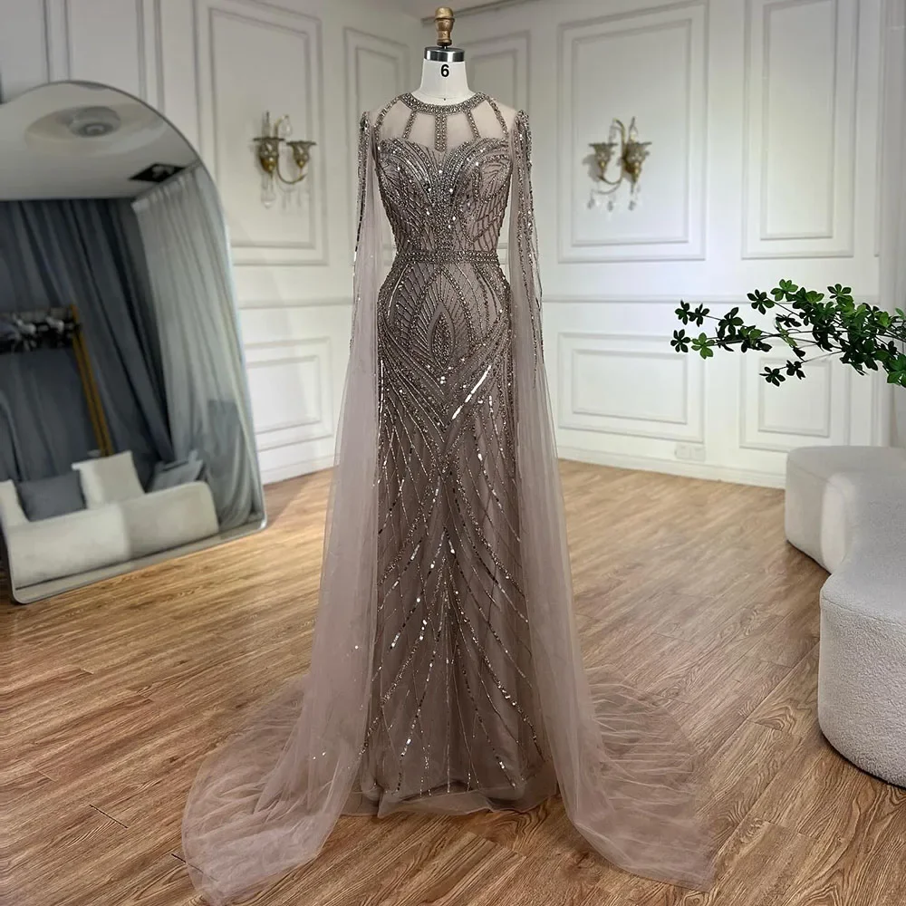 

2024 Arabic Caramel Mermaid Evening Dress with Beaded Elegant Cape Sleeves | Gown for Women's Wedding Party LA72611