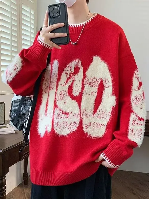 

Мужской вязаный свитер свободного кроя красного цвета с буквенным принтом, повседневная базовая одежда для осени и зимы, большие размеры, тепло и комфорт