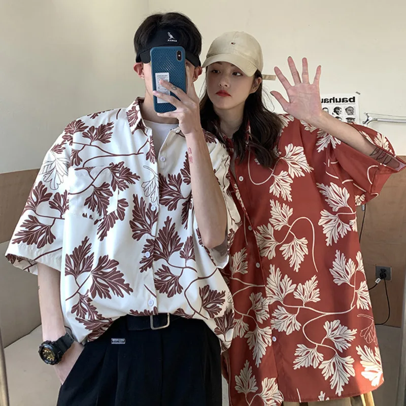 2024 Summer Unisex Harajuku Leaf Printed Shirts Couple Matching Blouse Women Hawaii Short Sleeve Holiday Camisas Casual Blusas