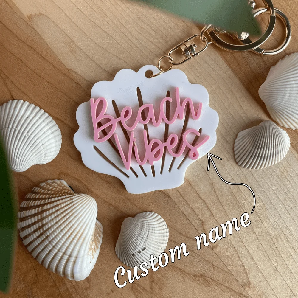 Personalisierter Acryl-Schlüsselanhänger mit Namen und Text, Muschelform, Reise- und Strandgeschenk, Individuell Anpassbarer Namensanhänger