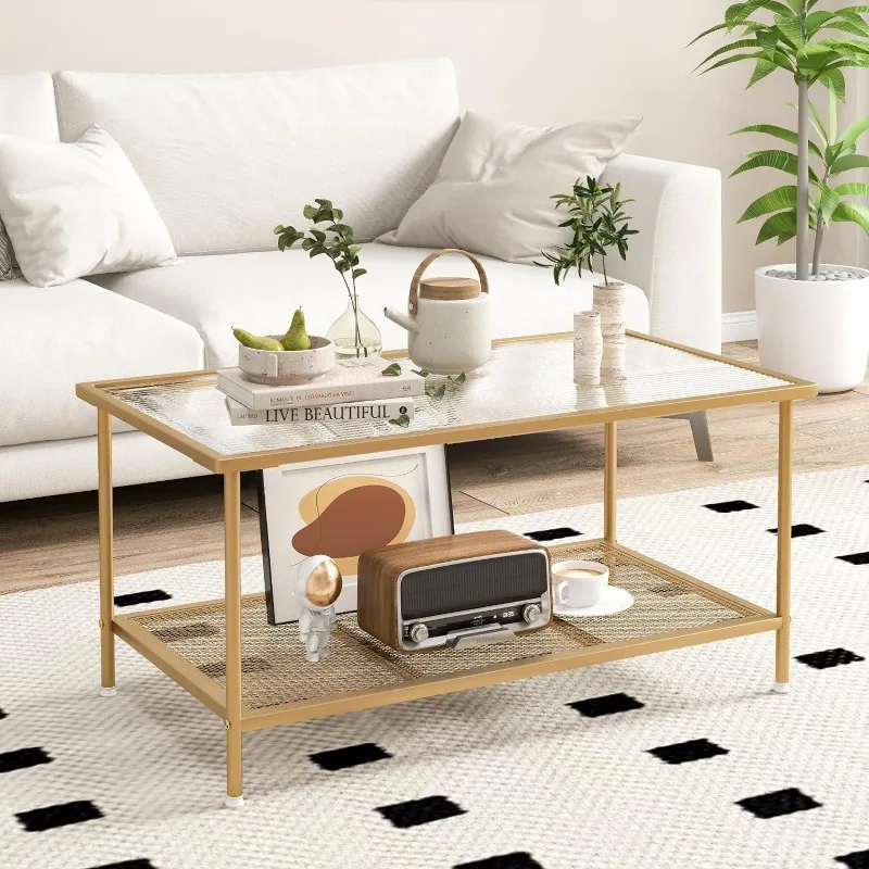 Glass Coffee Table, 2-Tier Rectangular Tempered Center Tables w/Metal Mesh Storage Shelf, Modern Accent Desk