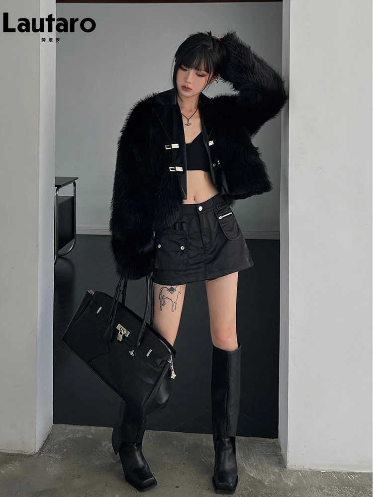 Lautaro Winter Cool Short Black Pu Leather Patchwork Faux Fur Coat Women Long Sleeve Luxury Designer Clothes Fluffy Jacket 2023