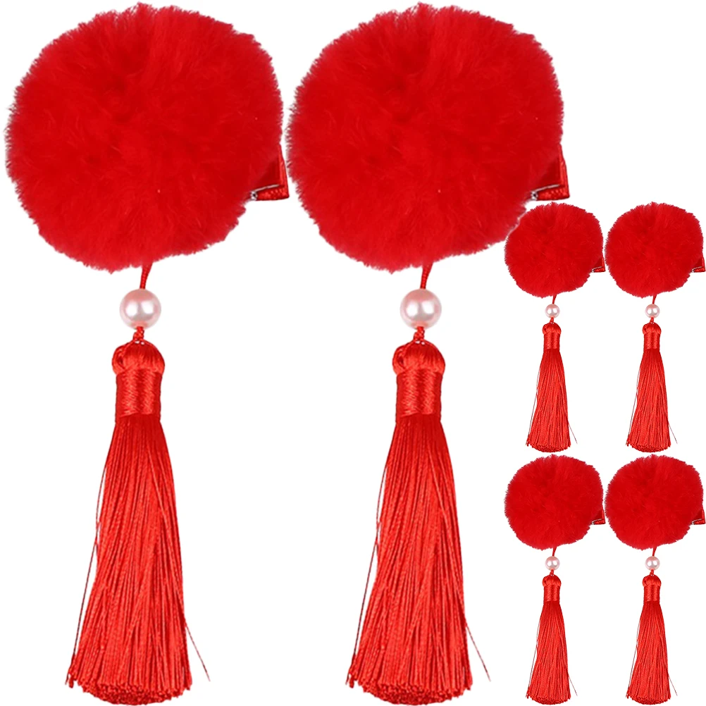 

3 Pairs Pom Hair Clips Artificial Chinese Tassel Hair Clip Tassel Hanfu Kids Accessories Red Lightweight Girls Hairpin