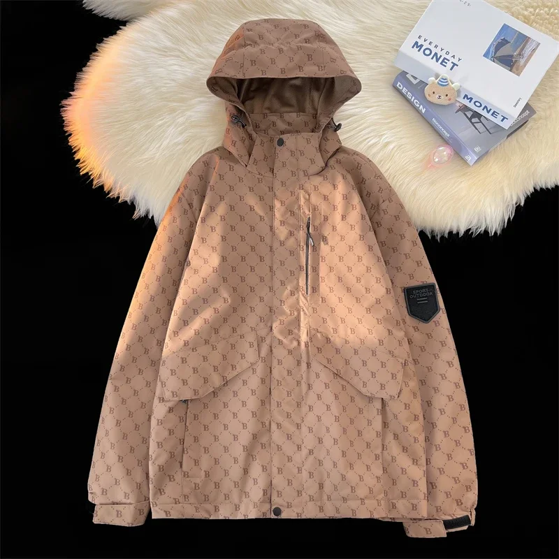 

Korean Fashion Letter Print Jackets for Men 2023 Spring Streetwear Hooded Waterproof Quick Dry Windbreak Outdoor Casual Coats