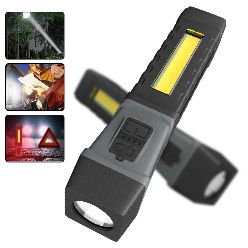New LED+COB Rechargeable LED Flashlight Ultra Bright Waterproof COB Light torch tail magnet Work Light Rotate Built-in battery