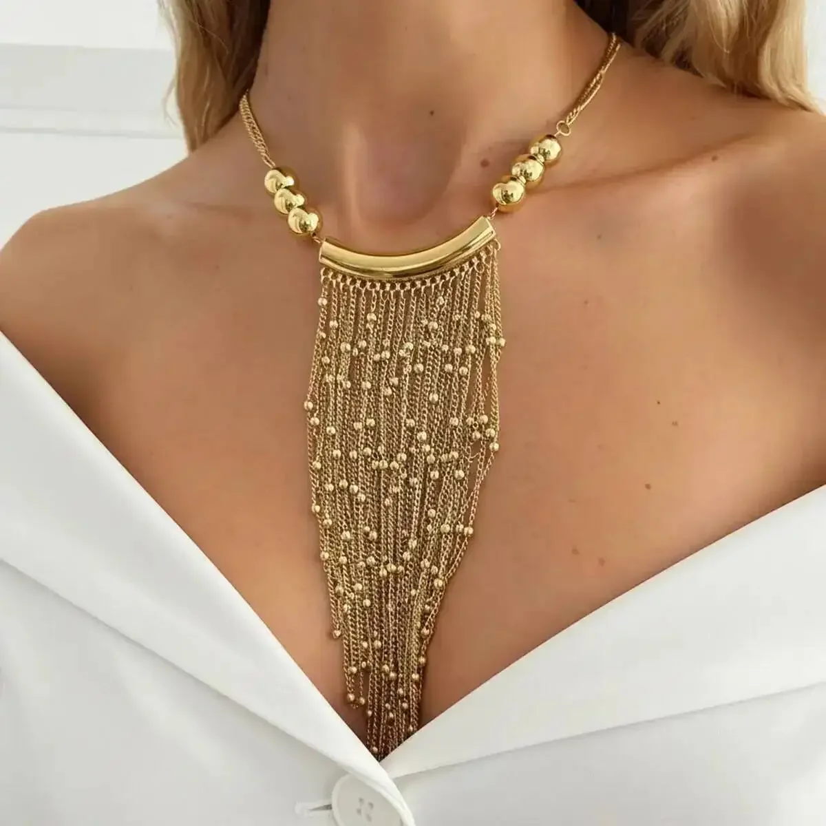 

New Exaggerated CCB Bead Tassel Pendant Necklace Women Vintage Metal Geometric Clavicle Chain Party Luxury Jewelry Gift