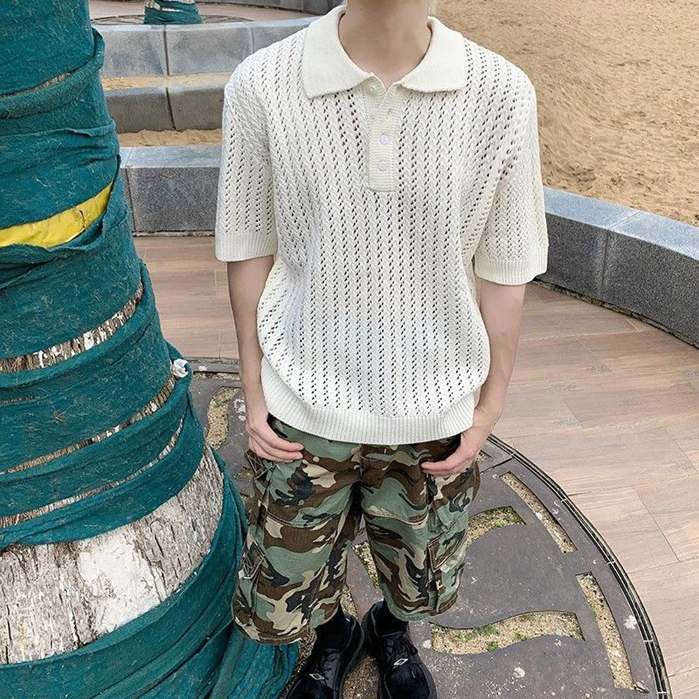 Sweater pria Hollow kasual Polo Sweater musim panas Streetwear Fashion pemuda kampus atasan lengan pendek uang tua pakaian pria 2025 baru