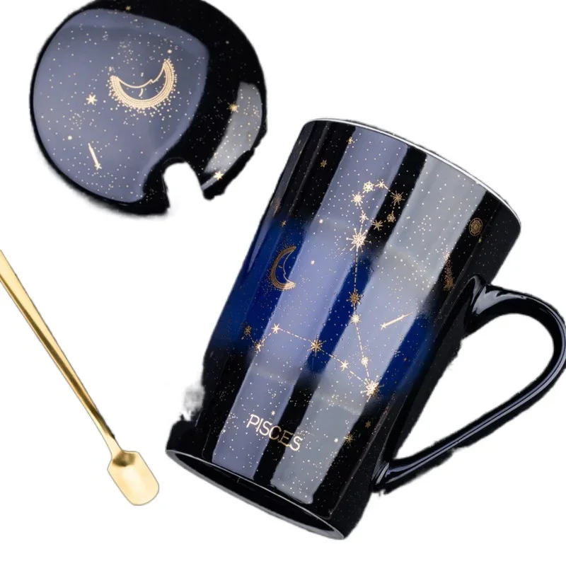 Zodiac Ouro Céu Estrelado Caneca de Porcelana com Tampa Colher Canecas Cerâmicas, 12 Constelações, Copos Criativos, Leite e Copo de Café, 1PC