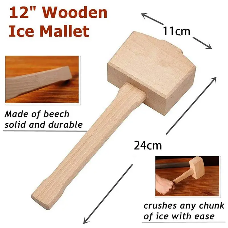 AB13-3X Ice Mallet And Ice Bag - Wood Hammer And Cotton Linen Bag For Crushed Ice, Bartender Kit & Bar Tools