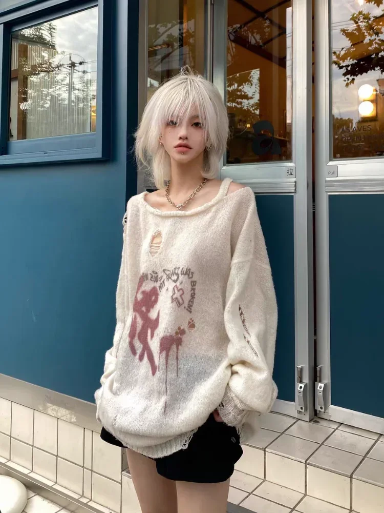 

Gothic Hollow Out Y2k Knit Sweater Women Pullover Harajuku Streetwear Tops Long Sleeve Thin Coat Smock Sun Protection Tops New