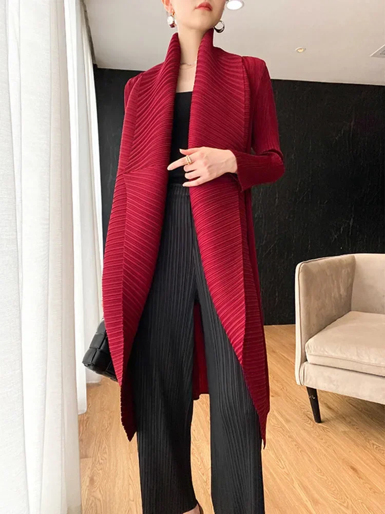 ALSEY Miyake Pleated Lapel Long Sleeves Trench Coat Women Mid Length Elegant Female Streetwear High Waist Plus Size Windbreaker