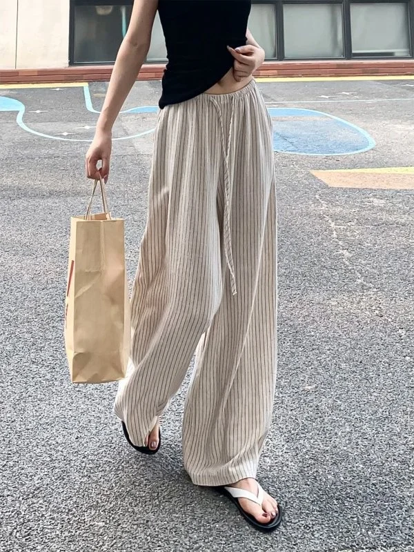 

Весенние женские брюки с высокой талией и широкими штанинами, тонкие, из хлопка и льна, в полоску, повседневные, свободного кроя, в пол