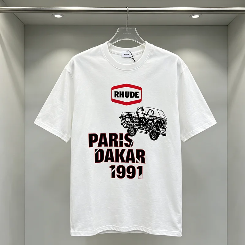 RHUDE Streetwear Short Sleeve Tee Retro Offroad Car Letter Print Casual Crew Neck Tshirt