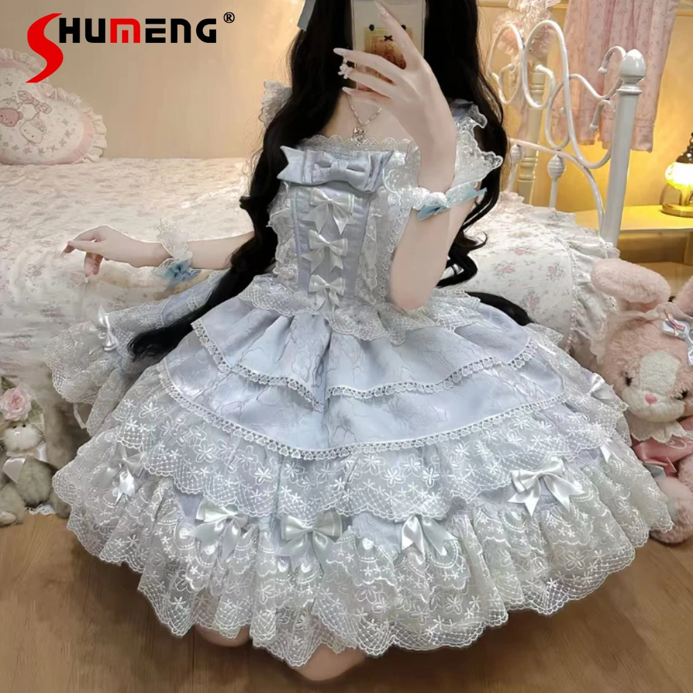 

Original Elegant Sweet Ballet Style Princess Birthday Dress Lace Patchwork Bow High Waist Kawaii Lolita JSK Dress Women Summer
