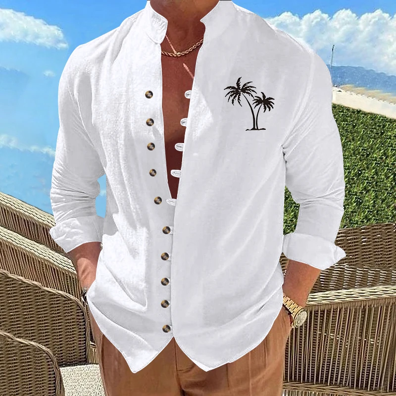 2024 Spring Autumn Casual Shirt Loose Men Solid Color Coconut tree print ong Sleeve Shirt Button Shirts Vintage Featured butons