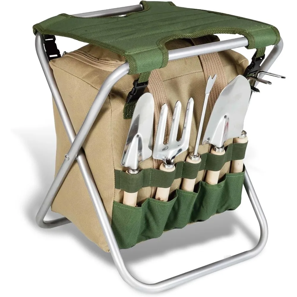 

Folding Garden Stool - Tool Set - Storage Bag with Zip - Includes 5 Tools with Wooden Handle